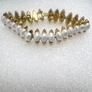 Vintage Crown Trifari Bracelet Gold Tone Faux Pearl Accents Foldover Clasp READ